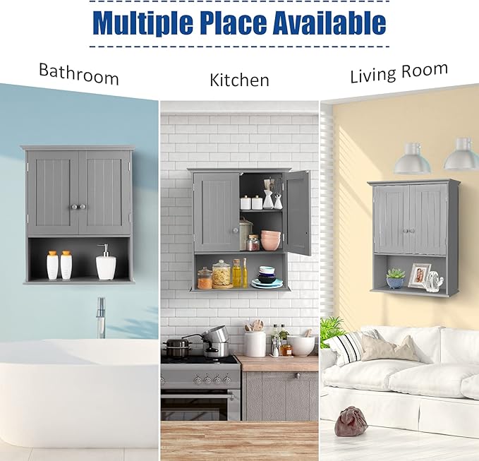 COSTWAY Wall Mounted Bathroom Cabinet, Over the Toilet Storage Cabinet w/Double Doors & Adjustable Shelf, Wood Hanging Medicine Cabinet for Living Room, Entryway, Kitchen (Gray)