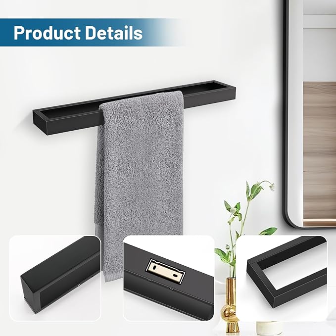TNOMS Single Towel Bar Towel Holder Bathroom Hardware Accessories,Stainless Steel Wall-Mounted Towel Rack Towel Rail,16 Inches Matte Black