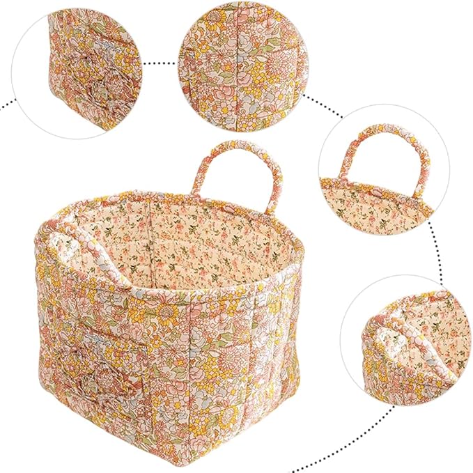 Quilted Fabric Storage Basket Boho Floral Laundry Hamper with Handle Foldable Floral Basket Organizer for Car Bedroom