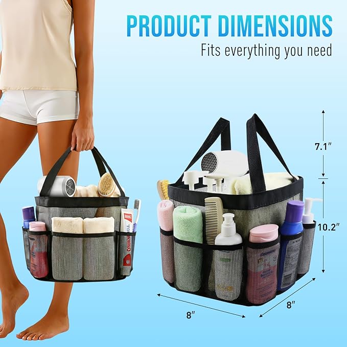 Mesh Shower Caddy Portable, Shower Tote Bag for Dorm Room Essentials, 8 Pockets Large Shower Basket for College Gym Beach Camping (1, Green)