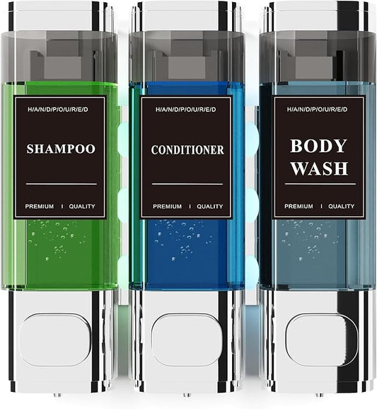 Shampoo and Conditioner Dispenser – Wall-Mounted Shower Soap Dispenser, No-Drill Installation, Lockable, 900 ml Capacity,for Bathroom & Hotel or Airbnb (Electroplated Silver, 3-Pack)