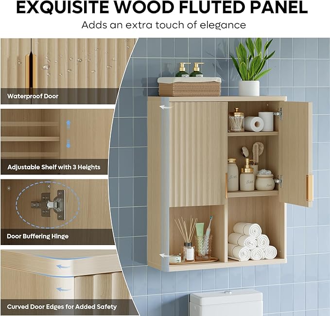 Besiter Fluted Bathroom Wall Cabinet, 23"x 29" Wall Mounted Medicine Cabinet with 2 Doors & Adjustable Shelves, Over The Toilet Storage Cabinet for Laundry Rroom, Kitchen & Living Room, Natural Oak