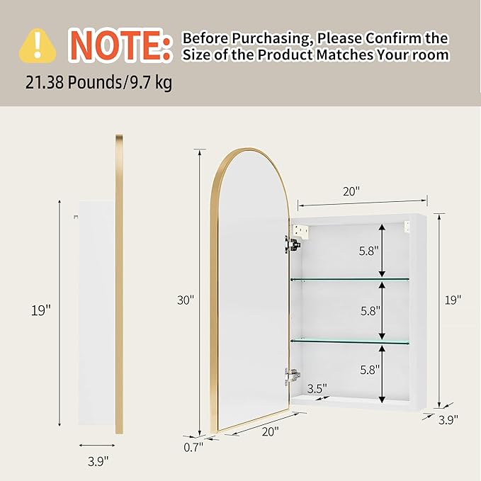 FKWin Gold Medicine Cabinet Mirror, Surface Mount Bathroom Storage Cabinet with Mirror for Left or Right Opening, not Recessed, Modern Vanity Bathroom Mirror with Storage, Gold, 20x30 inch