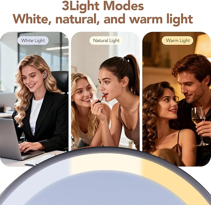 PJE Vanity Mirror with Lights,360 Mirror Magnifying Mirror with Light 10X,3 Light Settings Rechargeable Makeup Mirror,Dimmable Touch Control Tabletop Makeup Mirrors with Lights for Home,Hotel & Salon