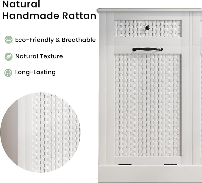 Double Tilt Out Laundry Hamper Cabinet, Rattan-Style Laundry Room Organization with Removable Laundry Basket, Hidden Wood Dirty Clothes Hamper with Drawers, 39" L x 13" W x 35.8" H, White