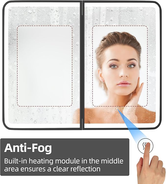 32 x 30 Inch LED Medicine Cabinet with Mirror, UL Certified Dimmable Lighted Bathroom Mirror Cabinet, Anti-Fog & Memory Function, 3 Color Modes, Recessed or Wall Mounted, Adjustable Shelf, Black