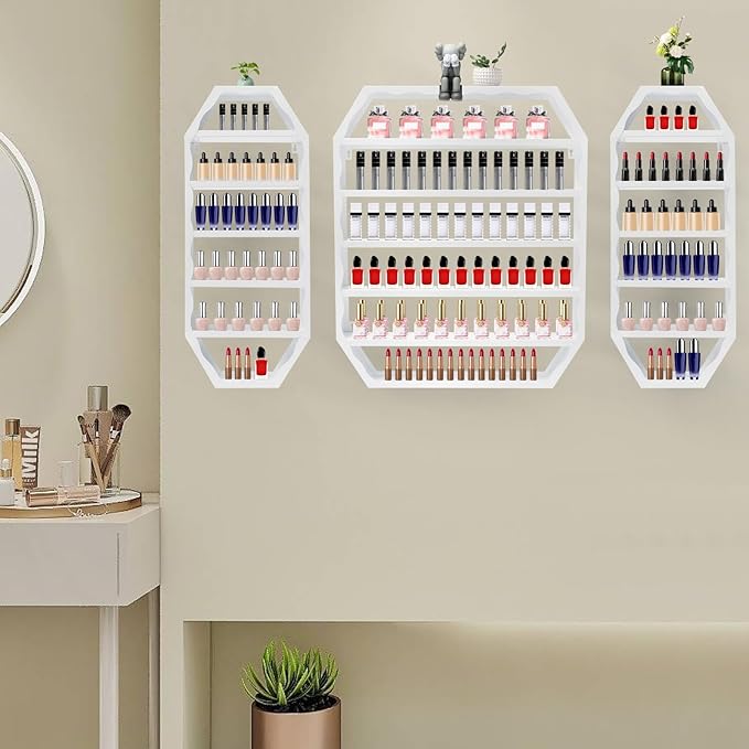 Wall-Mounted Nail Polish Rack, Set of 3 Octagonal White Nail Polish Shelf Lipstick Perfume Cosmetic Display Shelf for Home Spa Nail Salon Shop
