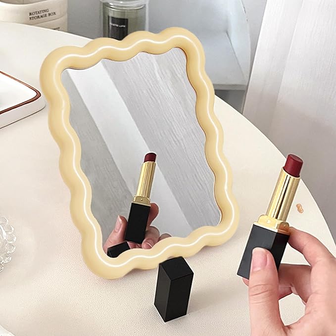 Wave Shaped Table Desk Vanity Makeup Mirror Portable Folding Cute Travel Make Up Mirror for Standing Hanging 6.7X5.3 Inch Home Decoration (Yellow)
