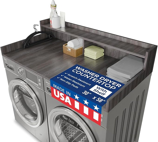OfficeSimpli Large Washer Dryer Countertop with Shelf - 30 x 58 Inch - Made in USA Laundry Countertop Over Washer and Dryer with Non-Slip Pads, Storage Shelf, Laundry Topper Organizer, Iconic Maple