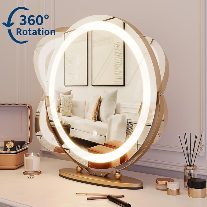 19" Round Vanity Mirror with Lights, Large Makeup Mirror with 3 Color Lighting Dimmable, Smart Touch Control, 360°Rotation Vanity Mirror for Bedroom, Dressing Room, Tabletop, Easy to Install, Gold