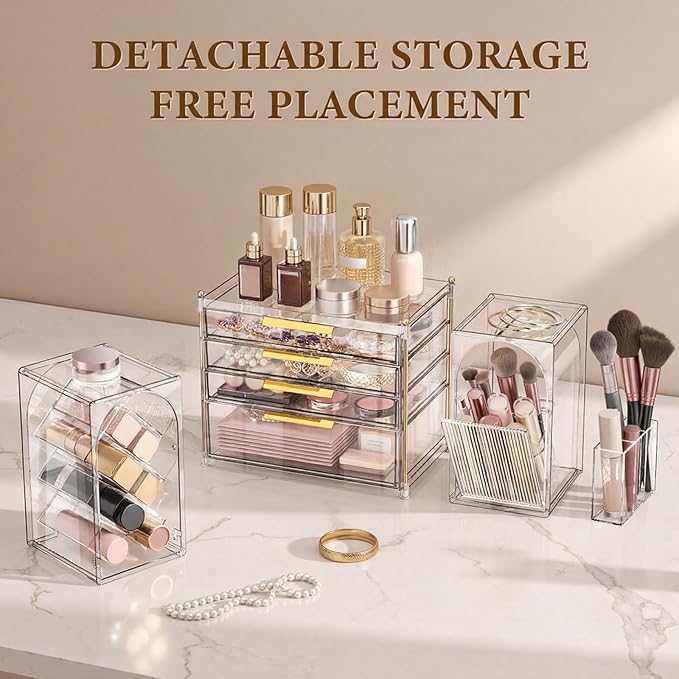 4-Tier Drawer Makeup Organizer, 3-in-1 Free Combination Cosmetic Storage with Lipstick Holder & Brush Rack, Skincare Organizer with Mini Tray for Vanity Bathroom Bedroom Dorm