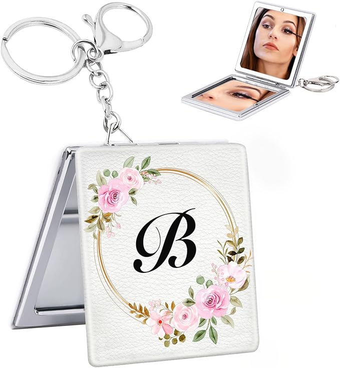 BAOSIWA Valentines Day Gifts for Teen Girls Grandkids, Personalized Compact Mirror Initial Small Travel Makeup Mirror with Keychain (B)