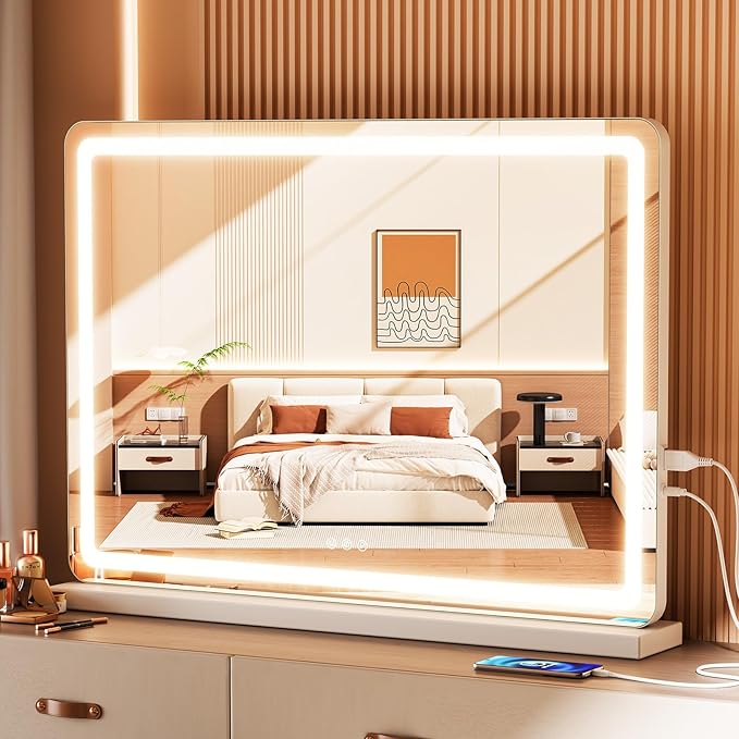 OLIXIS 22"x32" Lighted Vanity Mirror with Lights, Dimmable 3 Color Modes Makeup Mirror with Memory Function, USB Charging, Aluminum Frame, Lighted Mirror for Desk or Bedroom