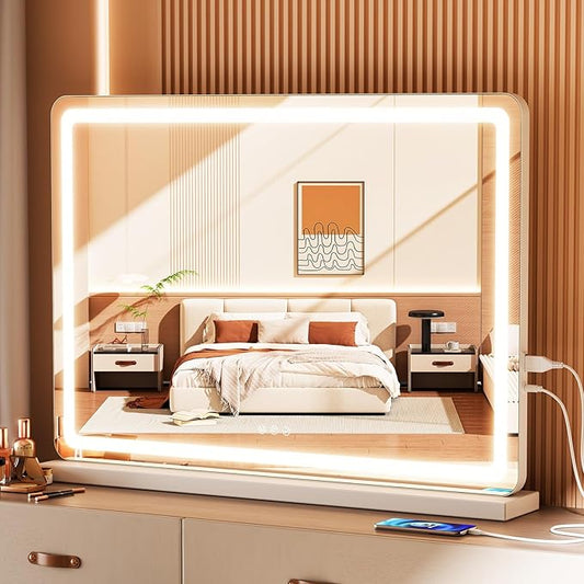 OLIXIS 22"x32" Lighted Vanity Mirror with Lights, Dimmable 3 Color Modes Makeup Mirror with Memory Function, USB Charging, Aluminum Frame, Lighted Mirror for Desk or Bedroom