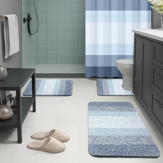 Britimes Blue Stripes Bathroom Sets with Shower Curtain and Rugs, Modern Minimalist Ombre Striped Waterproof Shower Curtain Liner and Soft Non Slip Bath Mat for Bathroom Decor and Accessories Hooks
