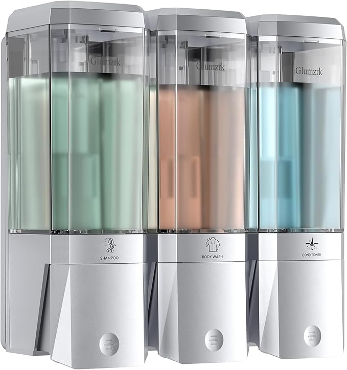 Shampoo and Conditioner Dispenser 3 Chamber No Drill Shower Soap Dispenser Wall Mounted Shampoo Conditioner Body Wash Dispenser 3 * 500ml Refillable Shower Dispenser for Bathroom Hotel, Silver