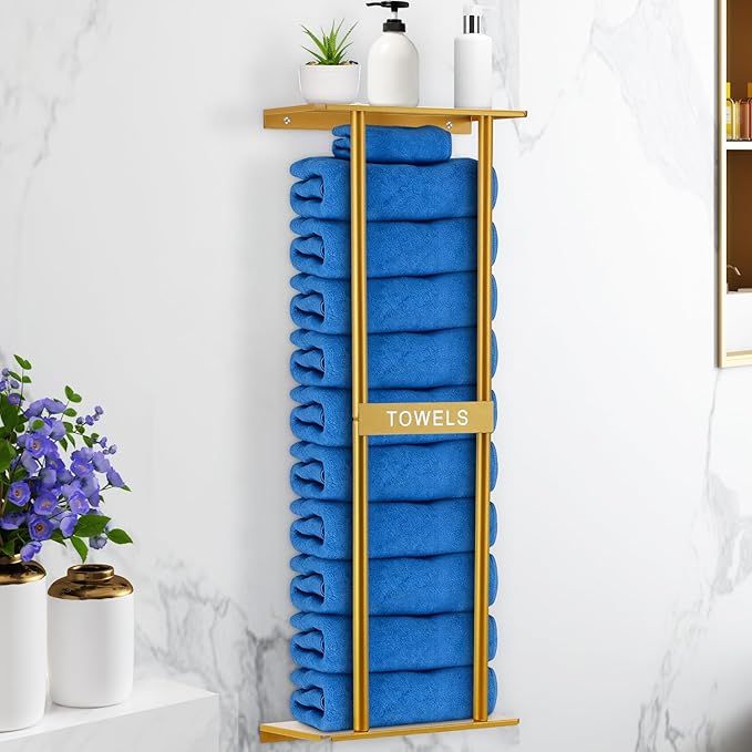 Vertical Towel Rack Wall Mounted - Metal Rolled Towel Holder, 31 Inch Black Space Saving Bathroom Storage Shelf for Shower, Toilet & RV (Golden)