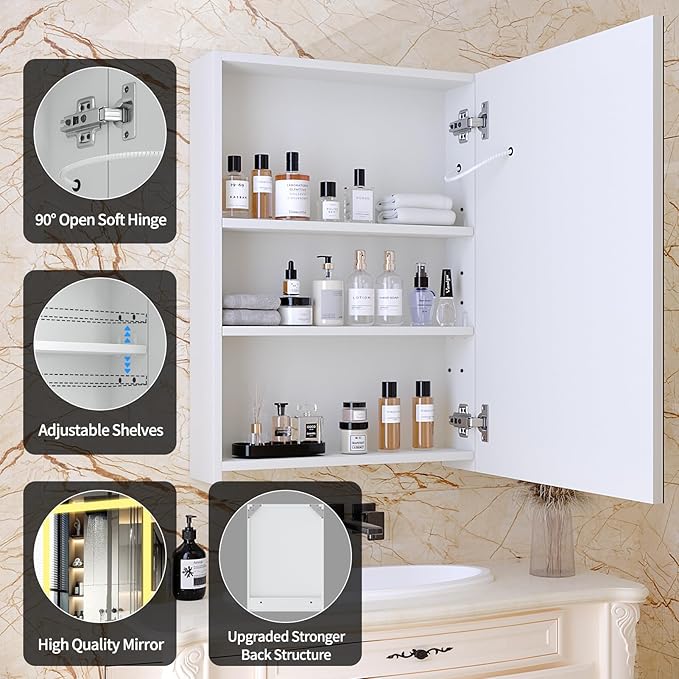 20"x28" Medicine Cabinet with Lights,Medicine Cabinets Mirror,Medicine Cabinets for Bathroom, LED Medicine Cabinet with Mirror,Adjustable Shelf,Dimmer,Defog,3-Color,