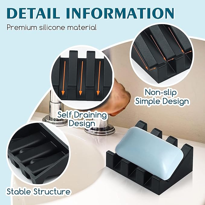 Silicone Soap Dish for Bar Soap Holder for Shower Bathroom Self Draining Waterfall Drying Tray Keep Soap Bars Dry Clean & Easy Cleaning (Black1, 1)