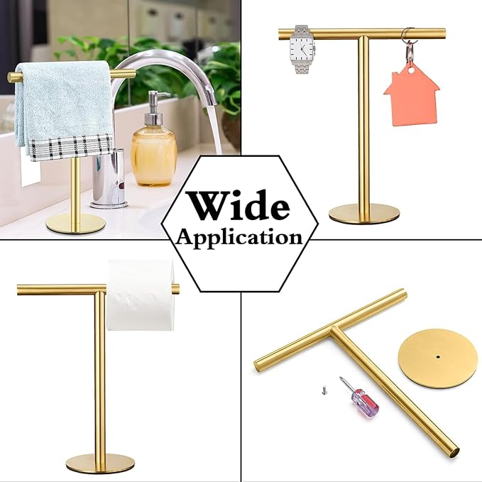 Elibbren Bath Hand Towel Holder Standing, Stainless Steel Golden Towel Bar Rack Stand for Bathroom and Kitchen Vanity Countertop, Modern Towel Holder，1 Pack