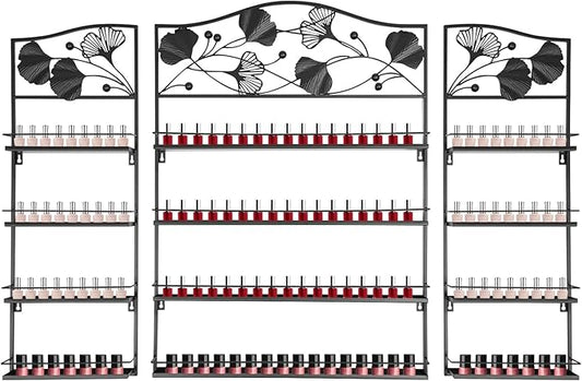 3Pcs Wall-Mounted Nail Polish Racks, 4-Tier Metal Makeup Display Wall Shelf Storage Organizer for Cosmetic Perfume Lipstick Home Spa Nail Salon (Black)