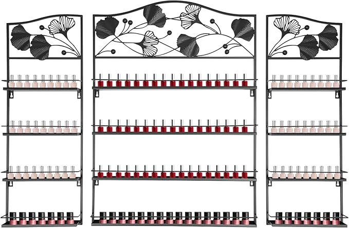 3PCS Metal Nail Polish Racks, Nail Polish Wall Organizer 4 Tiers Leafage Shape Display Rack Wall Mounted Display Case for Home Spa Nail Salon Shop-Black