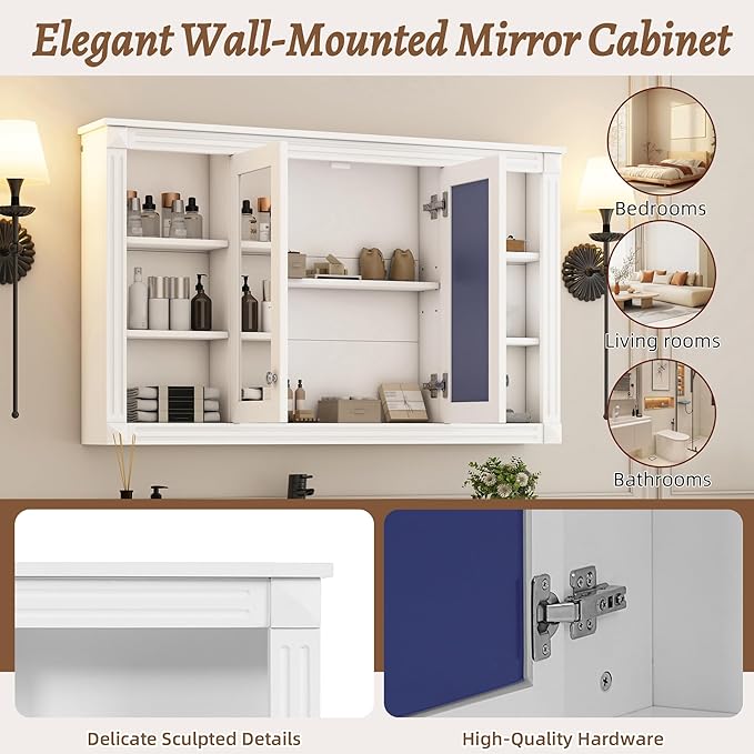 Merax Bathroom Medicine Cabinet with Mirror Door & Adjustable Shelf, 48" x 28" Wall Mounted Bathroom Storage Cabinet with Mirror, Over The Toilet
