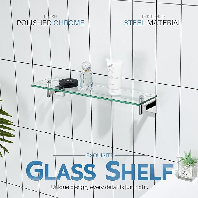 KOKOSIRI 20-Inch Bathroom Shelves Glass Floating Shelf Toilet Roll Holder Toilet Paper Holder Stainless Steel Polished Chrome B1105CH-L20+B2005CH