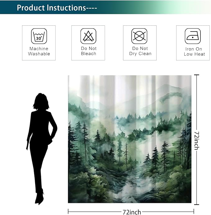 Dreamrflove Forest Mountain Shower Curtain DarkGreen Nature Misty Pine Rustic Bathroom Decorative Tree Bathroom Decor 72x72 Inch Waterproof Polyester