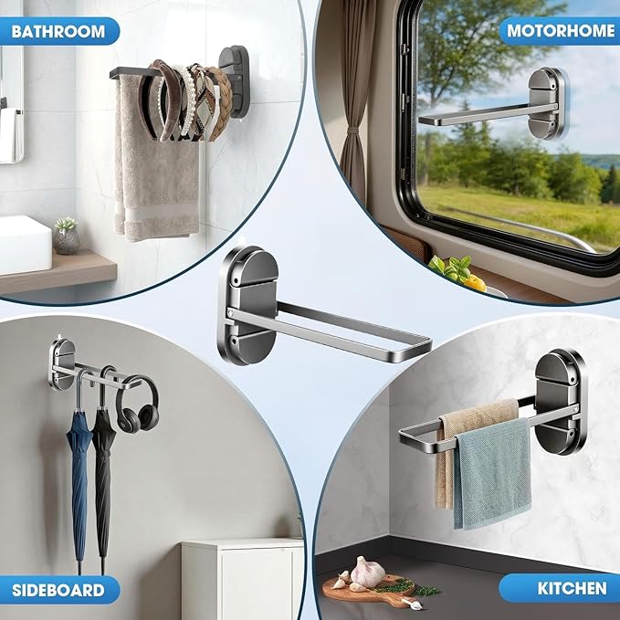 Heavy Duty Double Suction Cup Towel Bar for Bathroom - 20LB No Drill Foldable Stainless Steel Towel Rack Holder Shower Door RV Rental Kitchen Wall Mount
