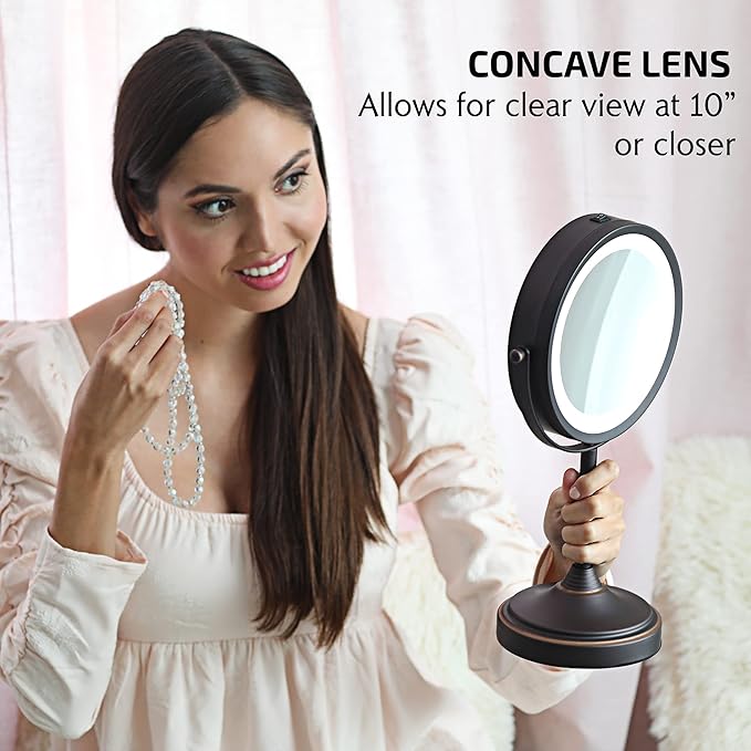 OVENTE 7'' Lighted Makeup Mirror with 1X/7X Magnification, Cordless Tabletop Mount Vanity Mirror with 360° Swivel Design & Double Sided Glow Cosmetic White LED Ring Light, Antique Bronze MCT70ABZ1X7X