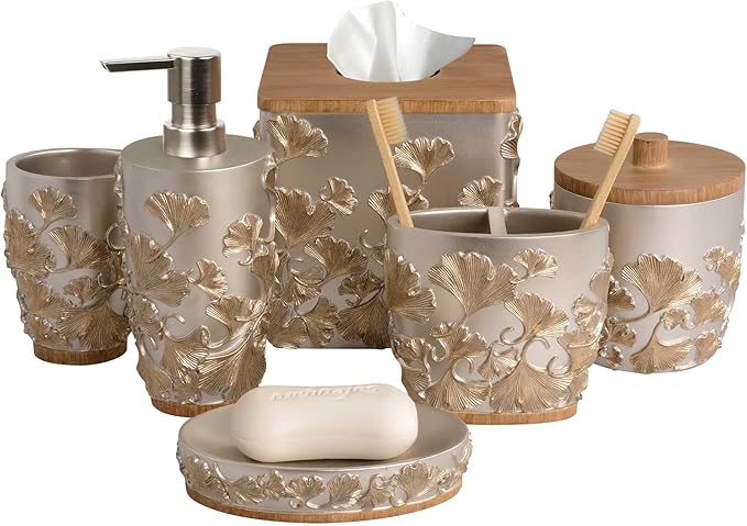 Decozen Bathroom Accessories 6Pcs Set, Soap Dispenser, Toothbrush Holders, Tumbler, Soap Dish & Cotton Swab Jar – Modern Bathroom Decor, Modern Farmhouse Decor, Countertop Accessories, Gold Champagne
