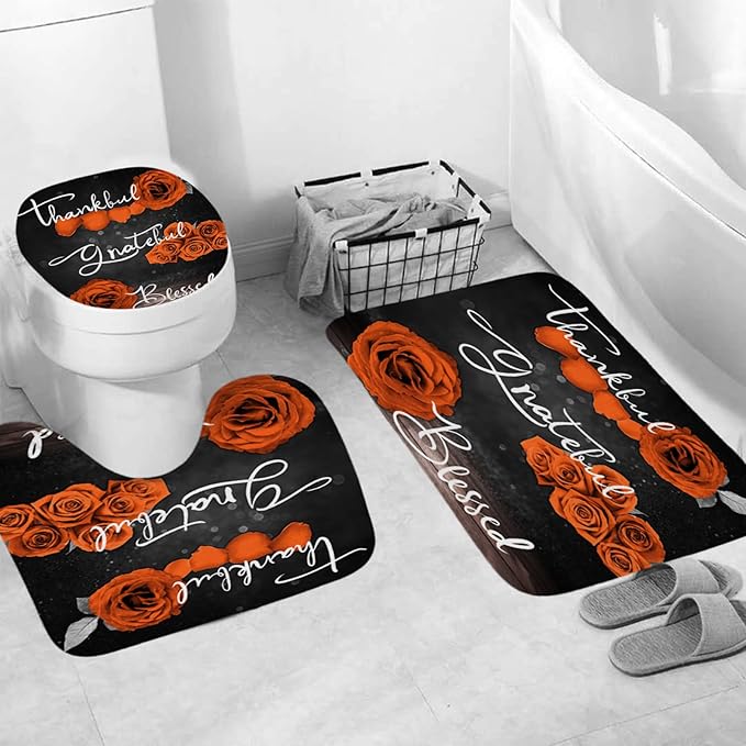 Onalasyc 4Pcs Orange Rose Shower Curtain Set with Rugs Waterproof Bathroom Sets with Shower Curtain and Rugs Romantic Rose Floral, Thankful Grateful Blessed Bathroom Curtains Shower Set,with 12 Hooks