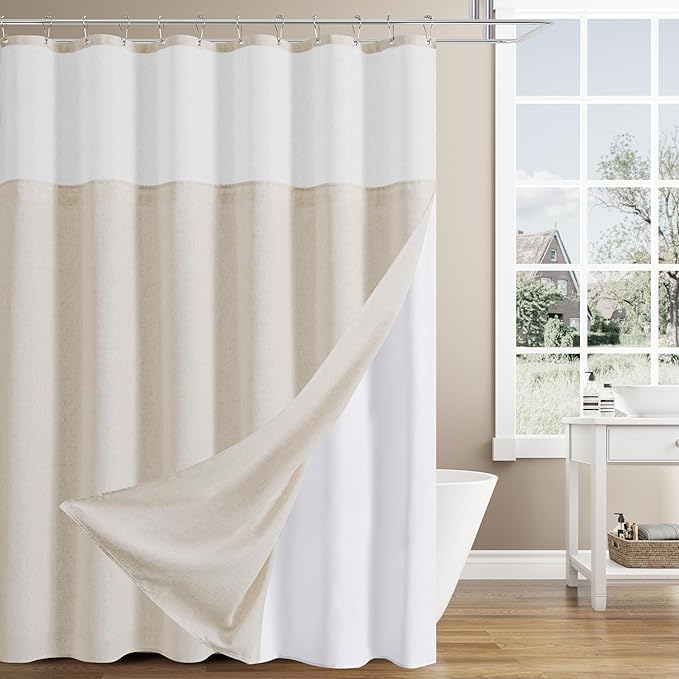 Naturoom Beige Linen Shower Curtain with Snap in Liner Set Rustic Farmhouse Shower Curtains for Bathroom 200GSM Textured Cream Burlap Cloth Double Bath Curtains with See Through Top Window 72x72