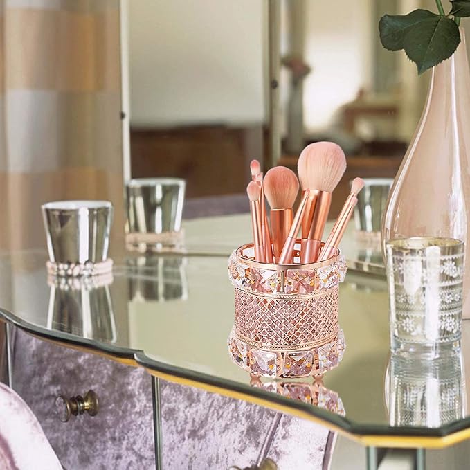 Barelove Crystal Makeup Brush Holder Organizer Cosmetics Brushes Storage Cup Handcrafted Pen Pencil Holder Storage Box Container, Valentine's Day Gifts (Gold, Column)