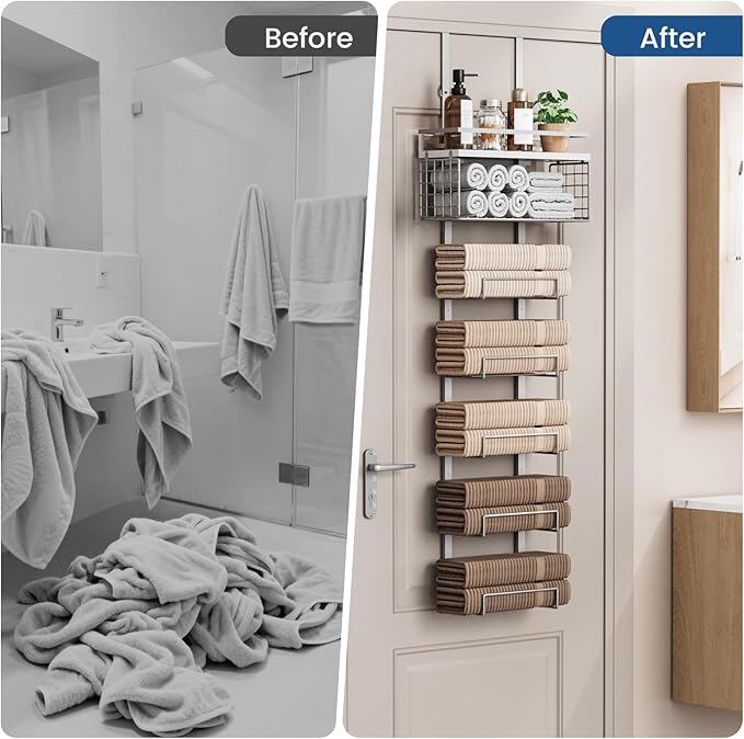 Aetyord Towel Racks for Bathroom Over The Door Towel Racks Towel Storage Organizer with Metal Shelf Basket for Bathroom Rv Camper (7-Tier Silver)