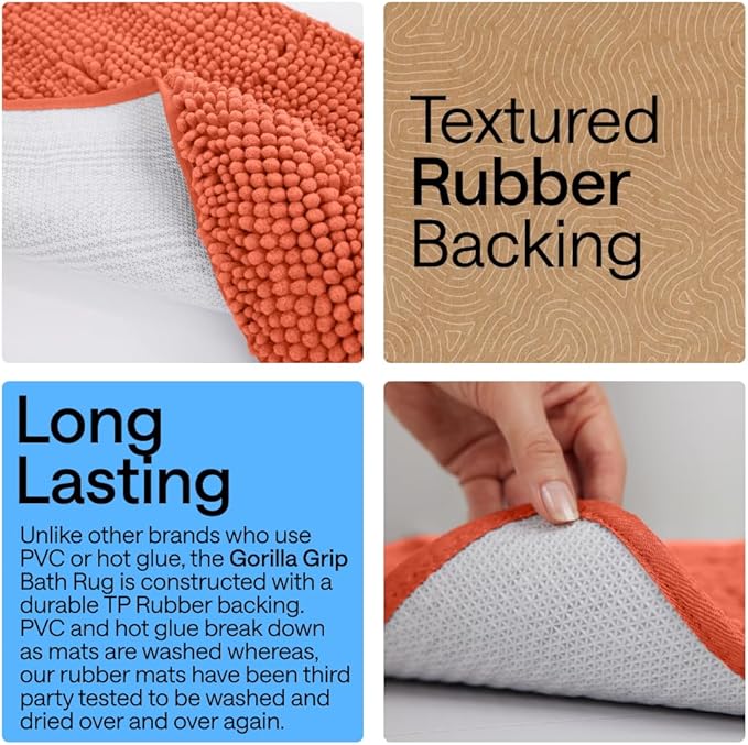 GORILLA GRIP Bath Rug Mat, Thick Soft Absorbent Chenille, Quick Dry Microfiber Mats, Rubber Backing Washable Shower Floor Rugs, US Designed Bathroom Bathmat Home Decor Accessories, 24x17, Coral