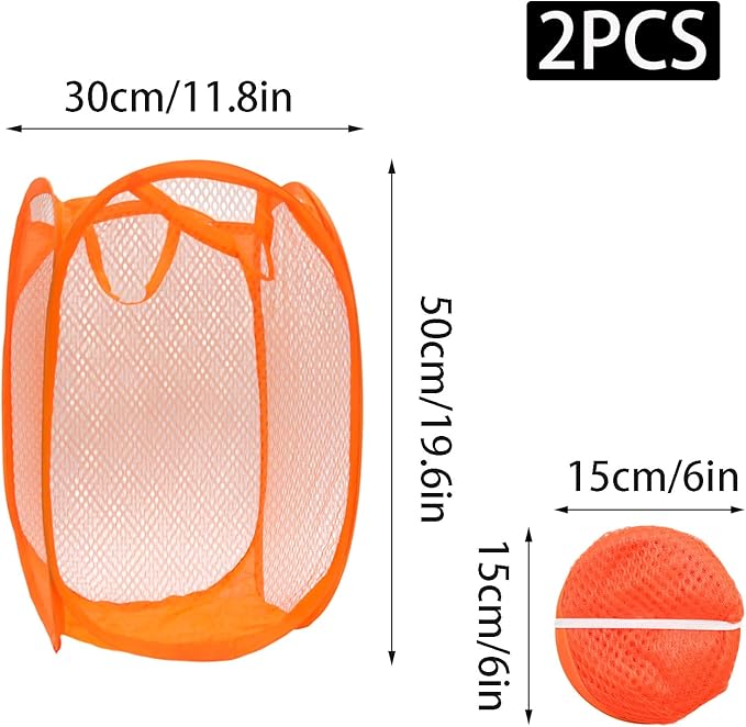 2Pcs Popup Mesh Laundry Baskets, Collapsible and Portable Laundry Hamper, Ideal for Travel and Home Use (Red & Orange)