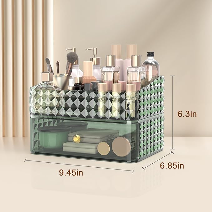 Soimeat Makeup Organizer for Vanity, Stackable Cosmetics Organizer, Cosmetic Display Cases with 1 Drawers and 1 Tray, 2 Layers, Green, FXHZJ-G2