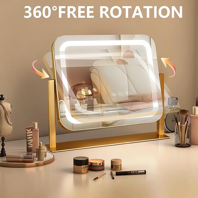 Ratsamee Gold Vanity Mirror with Lights 14"×12", Led Makeup Mirror, Lighted Makeup Mirror with 3 Color Dimmable Lights, Smart Touch Screen Control, 360°Rotation