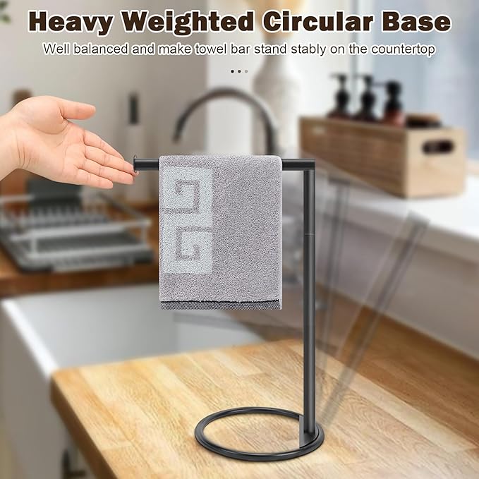 NearMoon Hand Towel Holder Stand, Thicken Metal L Shape Hand Towel Rack, Small Towel Ring, Stable Standing Towel Bar for Bathroom Kitchen Vanity Countertop, 8” L 14” H (Matte Black, 3 Pack)