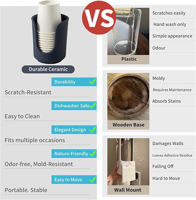 Dobbyby Ceramic Bathroom Cup Dispenser with Stylish Vertical Stripes - Disposable Mouthwash Cup Holder Holds 3-4oz Paper Cups for Rinsing Cups on Bathroom Vanity Countertops (Matte Blue)