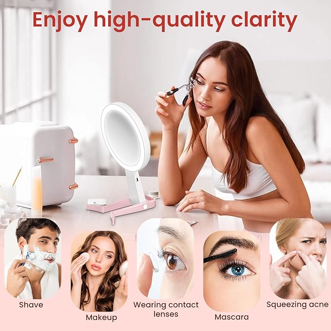Magnifying Mirror with Light, Double-Sided 10X/1X Lighted Makeup Mirror with Magnification, Rechargeable Makeup Mirror with Lights, 3 Color Lighting, 3 in 1 Tabletop/Handheld/Hanging Travel Mirror