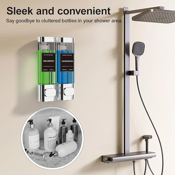Shampoo and Conditioner Dispenser – Wall-Mounted Shower Soap Dispenser, No-Drill Installation, Lockable, 900 ml Capacity,for Bathroom & Hotel or Airbnb (Electroplated Silver, 2-Pack)