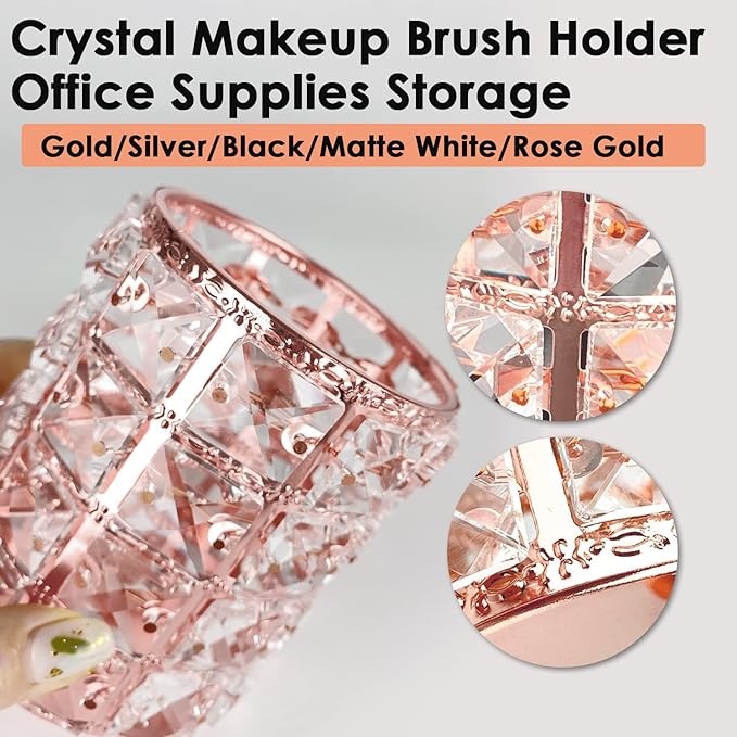 AKOAK 1 Pack Crystal Makeup Brush Holder Office Supplies Storage Rack Eyebrow Pencil/Lipstick/Pencil Makeup Container, Dressing Table, Bedroom, Office (Rose Gold)