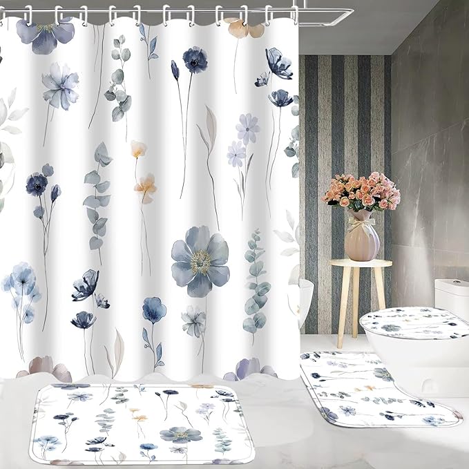 DDQQ 4Pcs Flower Shower Curtain Set with Floral Bathroom Sets, Blue Floral Shower Curtain with 12 Hooks, Bathroom Decor with Rugs Bath Accessories with Shower Curtains for Bathroom Toilet Lid Cover