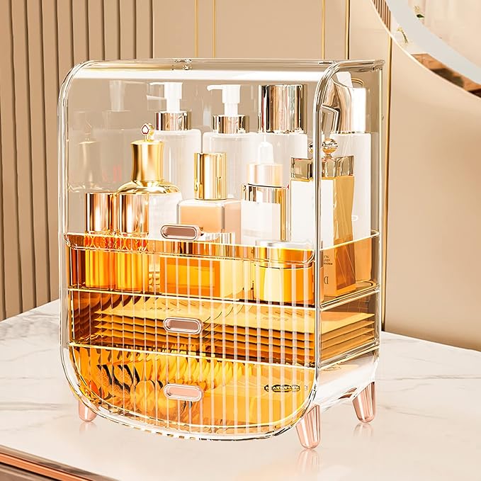 Ergocar Portable Transparent PET Series Multi-Function Make Up Case Dustproof Cosmetic Storage Box, Cosmetics Skin Care Products Jewelry Organizer Case Lipstick Box - Orange Three Layers