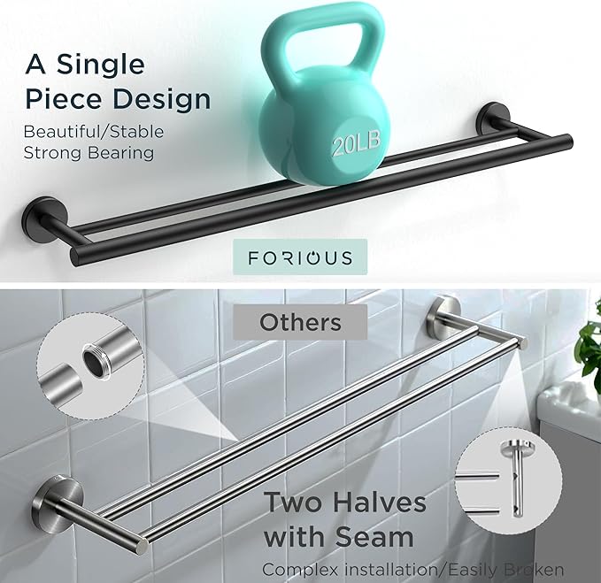 FORIOUS Black Double Towel Bar, 24 Inch Double Towel Racks for Bathroom, Heavy Duty SUS304 Stainless Steel Towel Holder Rail Wall Mount, Includes Wall Mounting Hardware, Matte Black