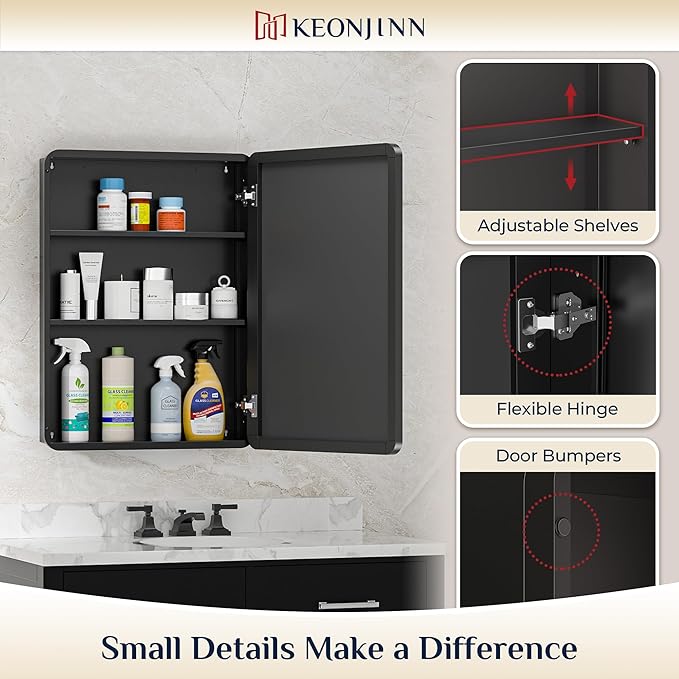 Keonjinn 48 x 32 Inch Large Black Medicine Cabinets, Recessed Bathroom Medicine Cabinet, Black Stainless Steel Framed, Sturdy & Heavy, Adjustable Shelves, Oversized Bathroom Mirror with Storage