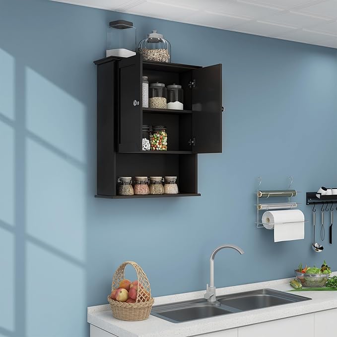 VANIRROR Black Wall Cabinet 24x30 Inch Wooden Over The Toilet Storage Cabinets with 2 Doors, Above Toilet Storage Medicine Cabinets for Bathroom Laundry Room Bedroom Kitchen